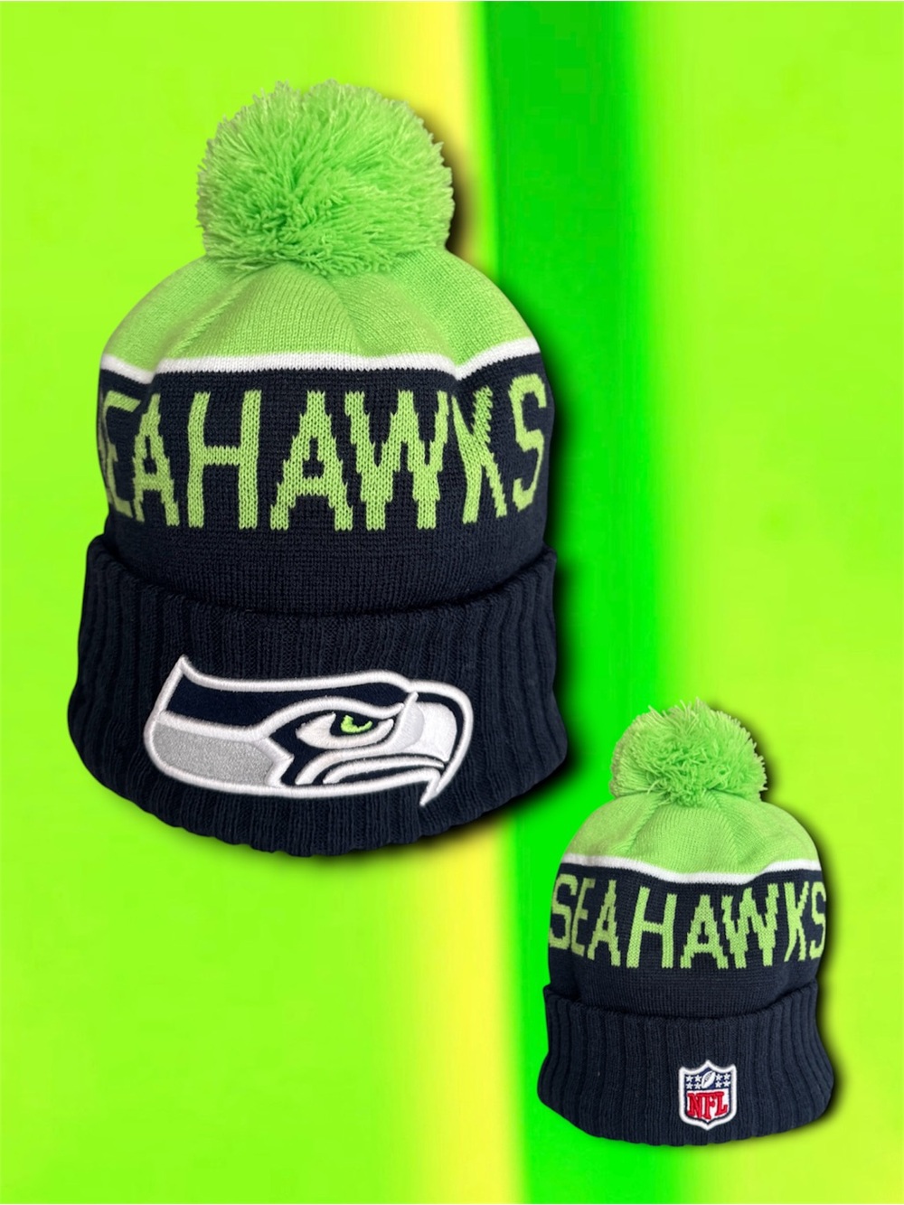 🆕💕New Era SEATTLE SEAHAWKS Cuffed Knit Pom-Pom Beanie. Green+Navy. UNISEX. NWOT